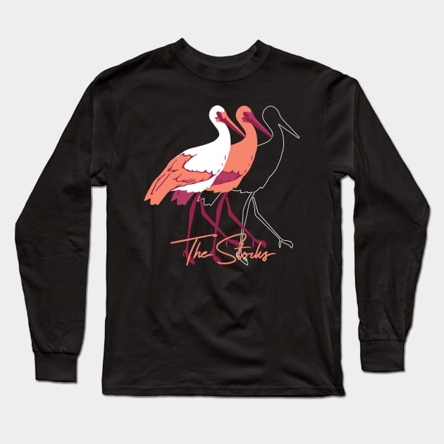 Red and White Stork Birds Illustration Long Sleeve T-Shirt by FlinArt
